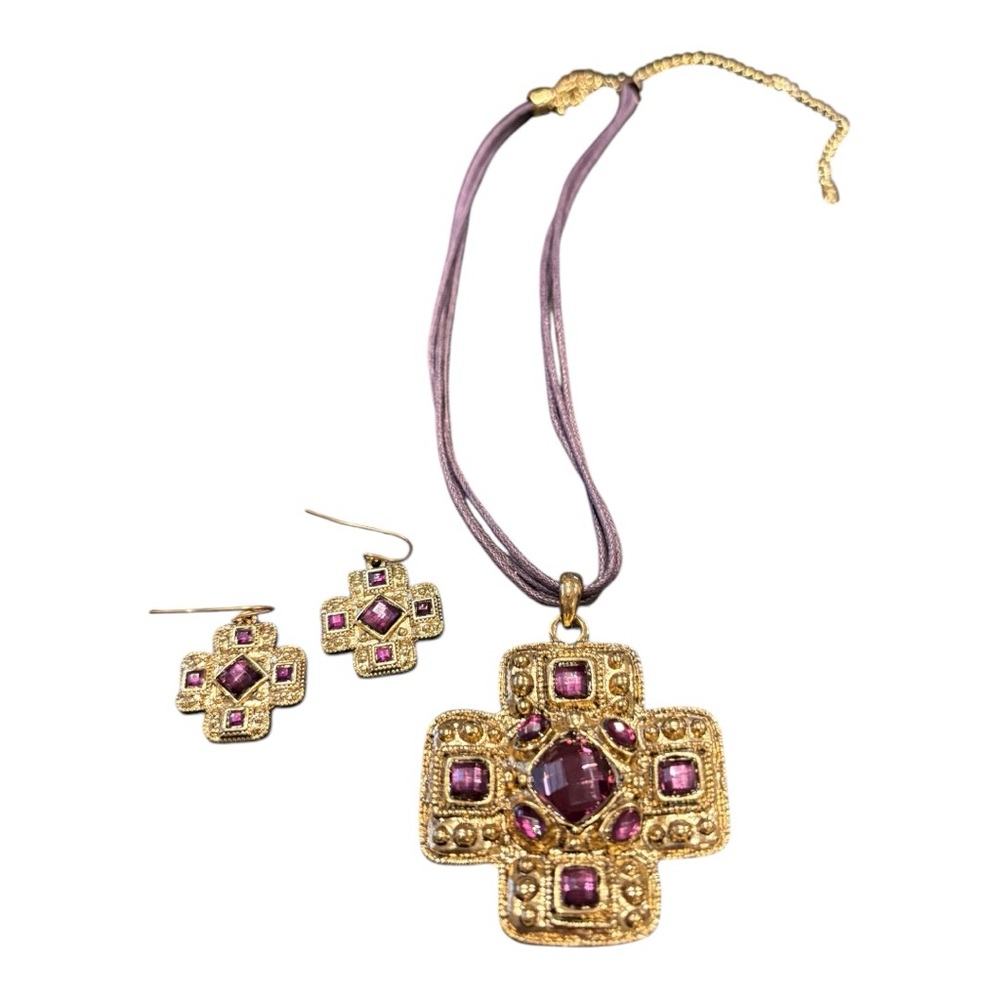 Gold-Tone Cross Pendant Necklace & Matching Earrings Set Purple Glass Stones J21